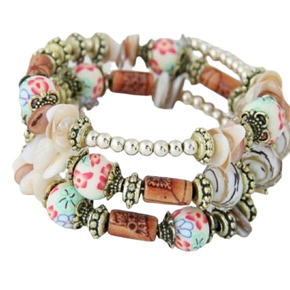 50% Off 3 Or More Boho Beaded Wrap Bracelet Gold Tone Cream & Brown Beads - Picture 7 of 12